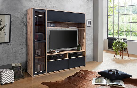Wall Storage System «Blackwood» #2 (Blekvud_P556_08_Dub-Votan_Chernyy_2_zerkalno.jpg) Wall Storage System «Blackwood» #2